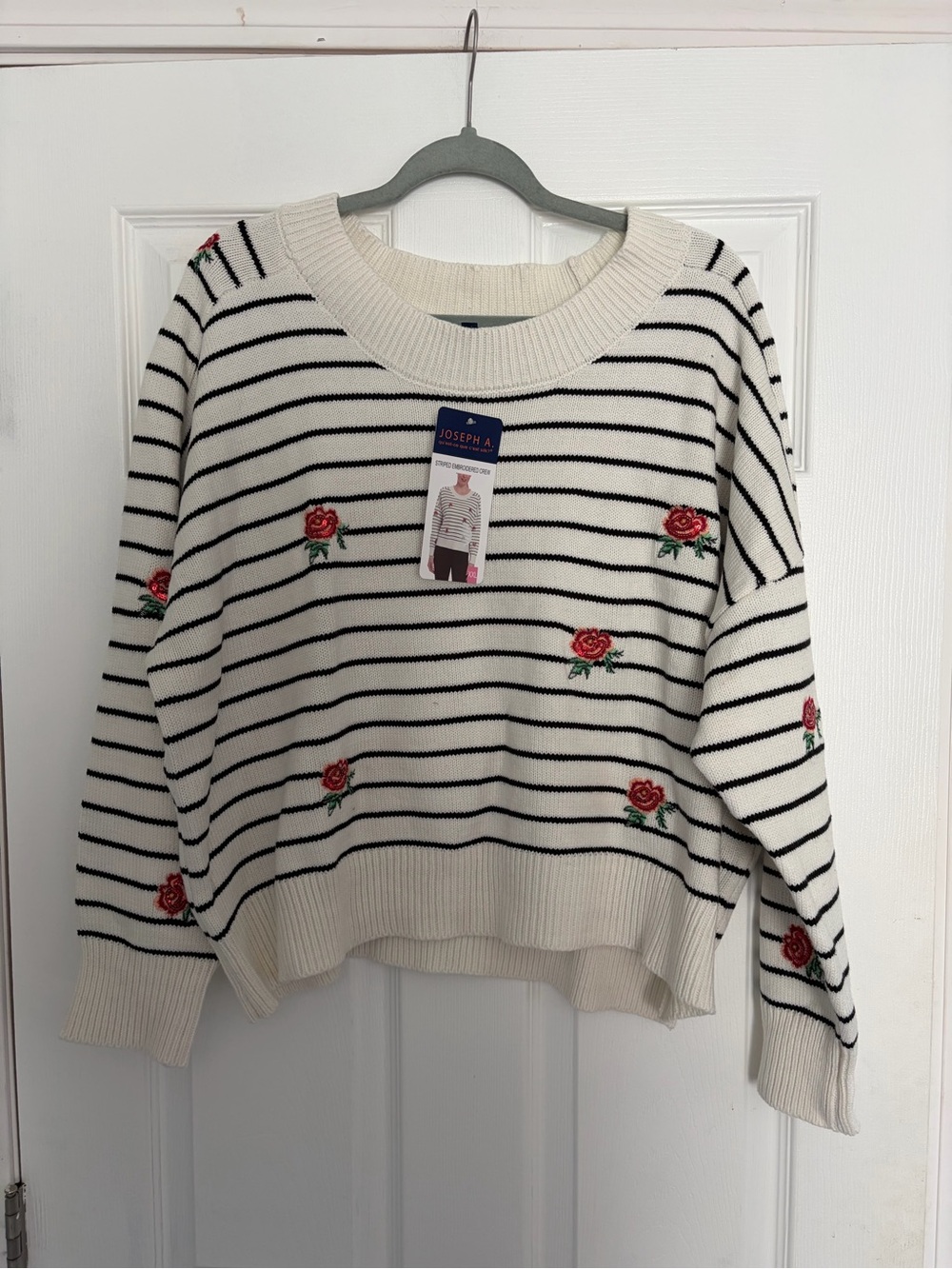 NWT Joseph A Women's Cream Striped Rose Embroidered Sweater